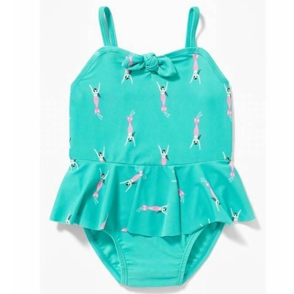 5/$25 VGUC Mermaid Print Toddler One Piece Peplum Turquoise Ruffled Swimsuit